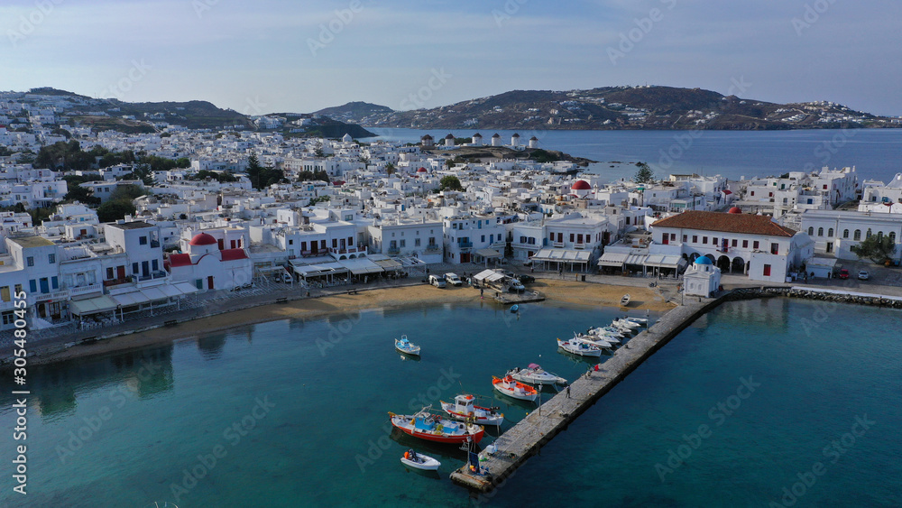Aerial drone photo of picturesque old port in main village of Mykonos island, Cyclades, Greece