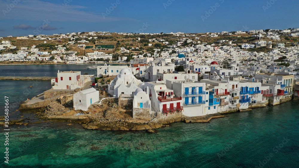 Aerial drone photo of picturesque little Venice in main village of Mykonos island at sunset with beautiful colours, Cyclades, Greece