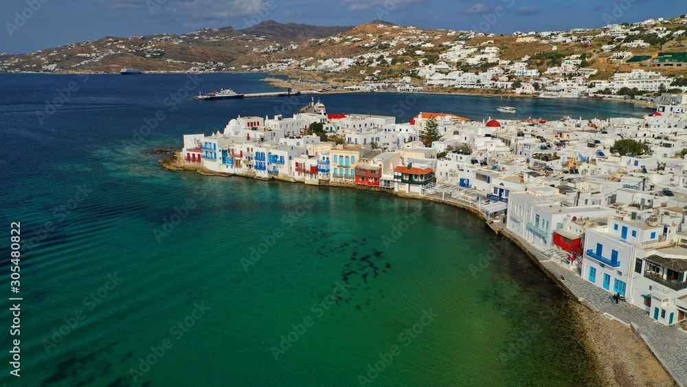 Aerial panoramic view of world famous little Venice picturesque settlement in main village of Mykonos island, Cyclades, Greece