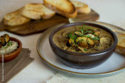 Food photography of a creamy mixed mushroom soup with herbs and toasted bread on a white surface