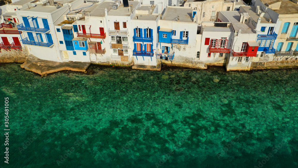 Aerial drone photo of picturesque little Venice in main village of Mykonos island at sunset with beautiful colours, Cyclades, Greece