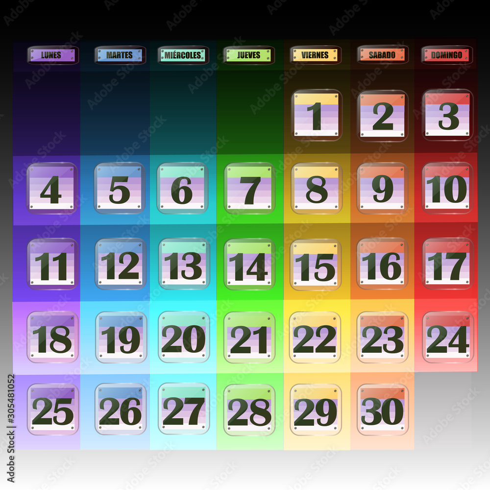 Colorful calendar for December 2019 in spanish. Set of buttons with calendar  dates for the month of December. For planning important days. Banners for  holidays and special days. Illustration. Stock Illustration |