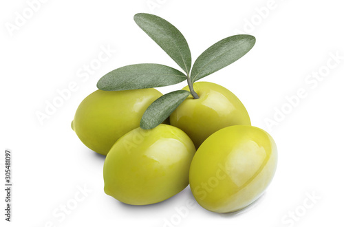 Ripe olives with leaves, isolated on white background