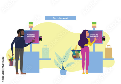 Female and male customers use self checkout counter in supermarket, self service lane in grocery store. Flat style stock vector illustration