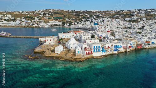 Aerial drone photo of picturesque little Venice in main village of Mykonos island at sunset with beautiful colours, Cyclades, Greece