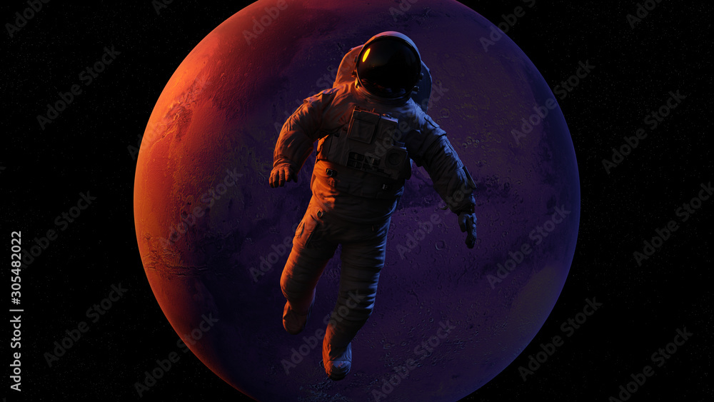 astronaut waving during a space walk in orbit of planet Mars (3d render)