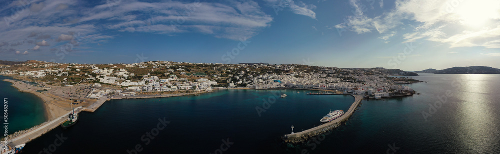 Aerial drone photo of picturesque old port in main village of Mykonos island, Cyclades, Greece Aerial drone photo of picturesque old port in main village of Mykonos island, Cyclades, Greece