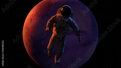Fotografie, Tablou astronaut waving during a space walk in orbit of planet Mars (3d render)