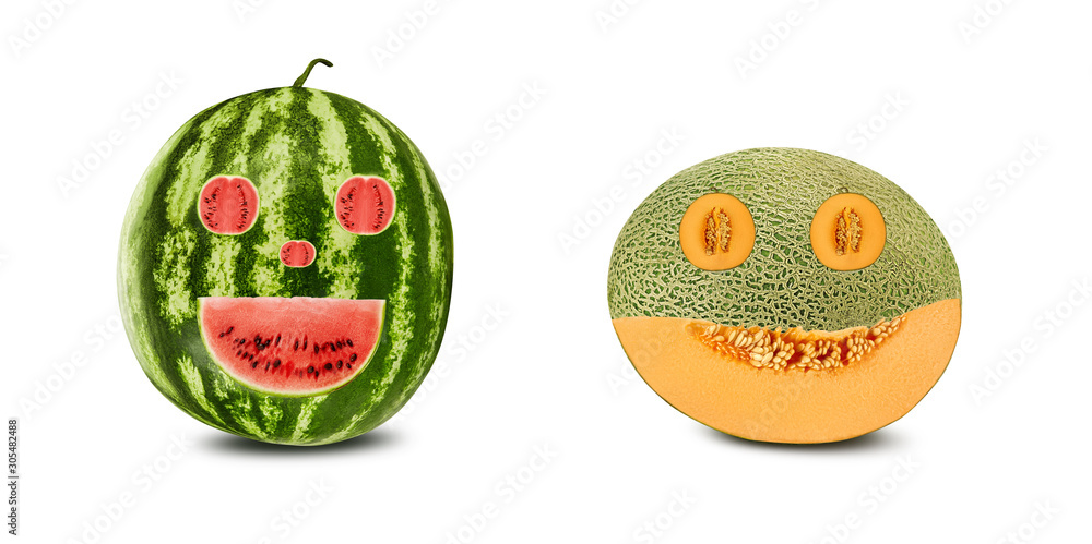 Smile emoticons carved out in watermelon and melon, isolated on white with copy space for text or images. Red and yellow flesh with seeds. Close-up.