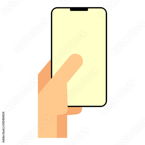 Hand holding black frameless smartphone on white background. Flat style. Vector