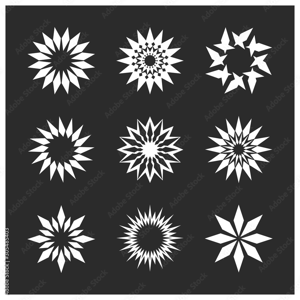 Abstract star shapes symbols. White stars on a black background. Icon vector illustration. Abstract star shapes symbols. White stars on a black background. Icon vector illustration.