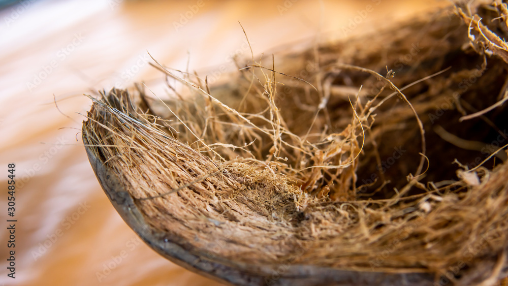 Close up of the detail of dried coconut fiber in the coconut fruit on the table. Close up of the detail of dried coconut fiber in the coconut fruit on the table.