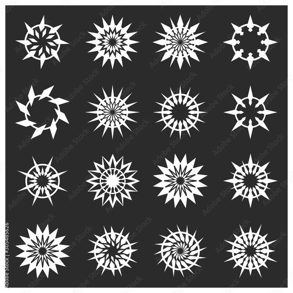 Abstract star shapes symbols. White stars on a black background. Icon vector illustration. Abstract star shapes symbols. White stars on a black background. Icon vector illustration.
