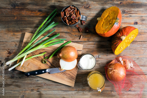 Overhead view of autumn vegetables and ingredients