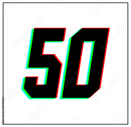 Number 50. Dynamic, split-color design and unique font, shadow of  number blue, green, red. in black thin frame and on white background.  