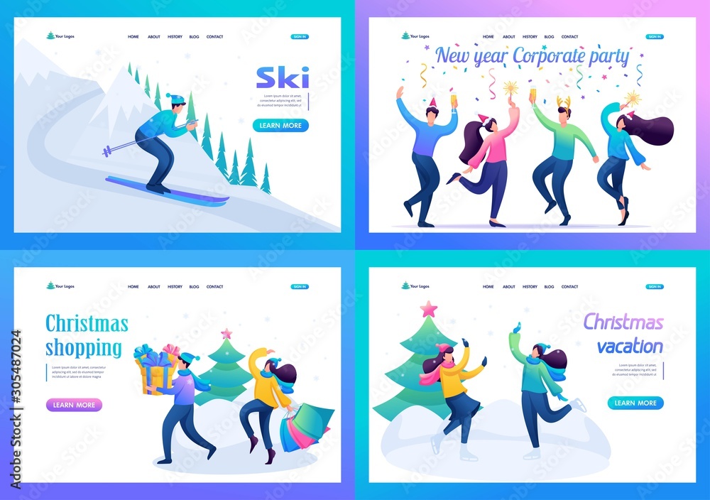 Set 2D Flat concepts Young people have a rest in Christmas holidays, winter entertainments. For Landing page concepts and web design Set 2D Flat concepts Young people have a rest in Christmas holidays, winter entertainments. For Landing page concepts and web design