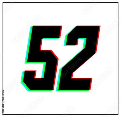 Number 52. Dynamic, split-color design and unique font, shadow of  number blue, green, red. in black thin frame and on white background.  
