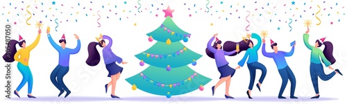 Concept of corporate celebration, employees of the company have fun, dance, drink champagne