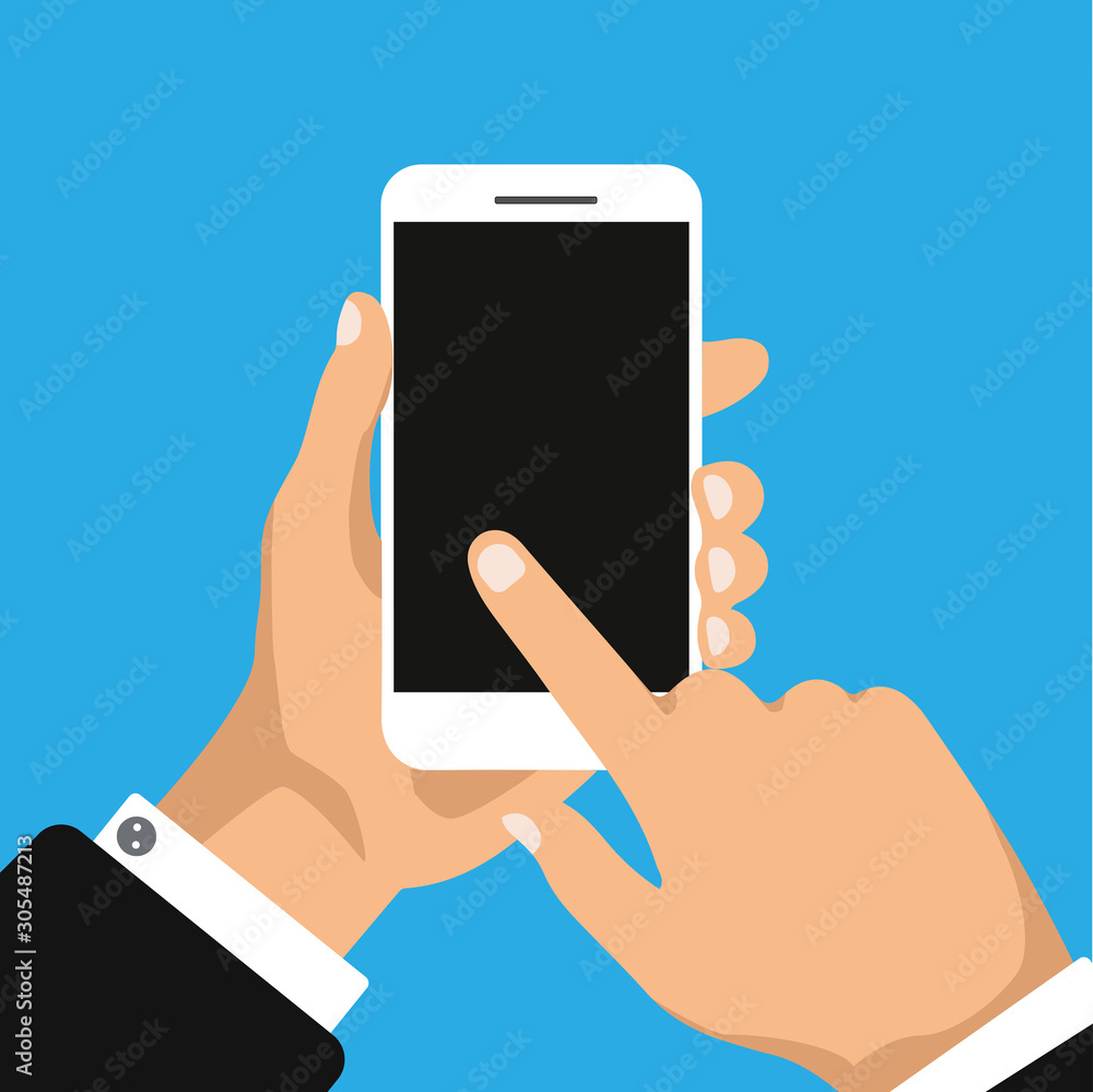 Hand holds and clicks to phone with black screen. Smartphone blank display template or mock up. Smart technology. Vector illustration. Hand holds and clicks to phone with black screen. Smartphone blank display template or mock up. Smart technology. Vector illustration.
