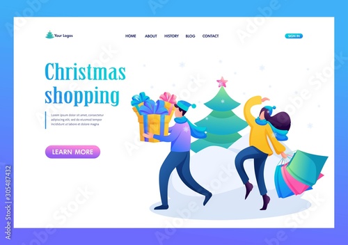 Young people are engaged in buying Christmas gifts  winter entertainment. Flat 2D character. Landing page concepts and web design