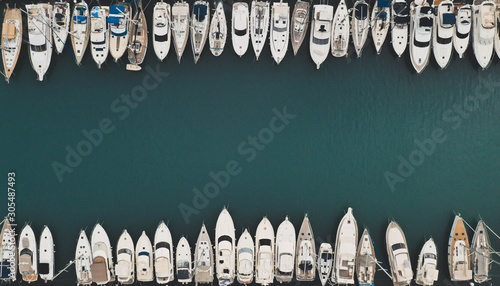 Aerial view of beautiful boats abstractly parked in Puerto Marina, Benalmadena, Spain