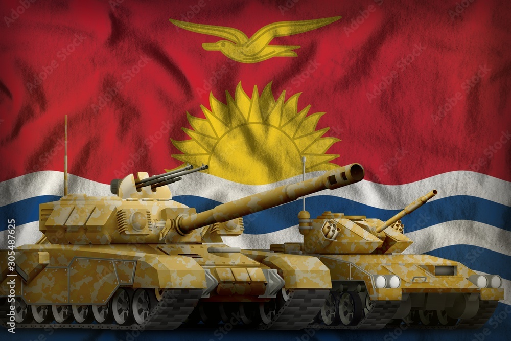 Kiribati tank forces concept on the national flag background. 3d Illustration