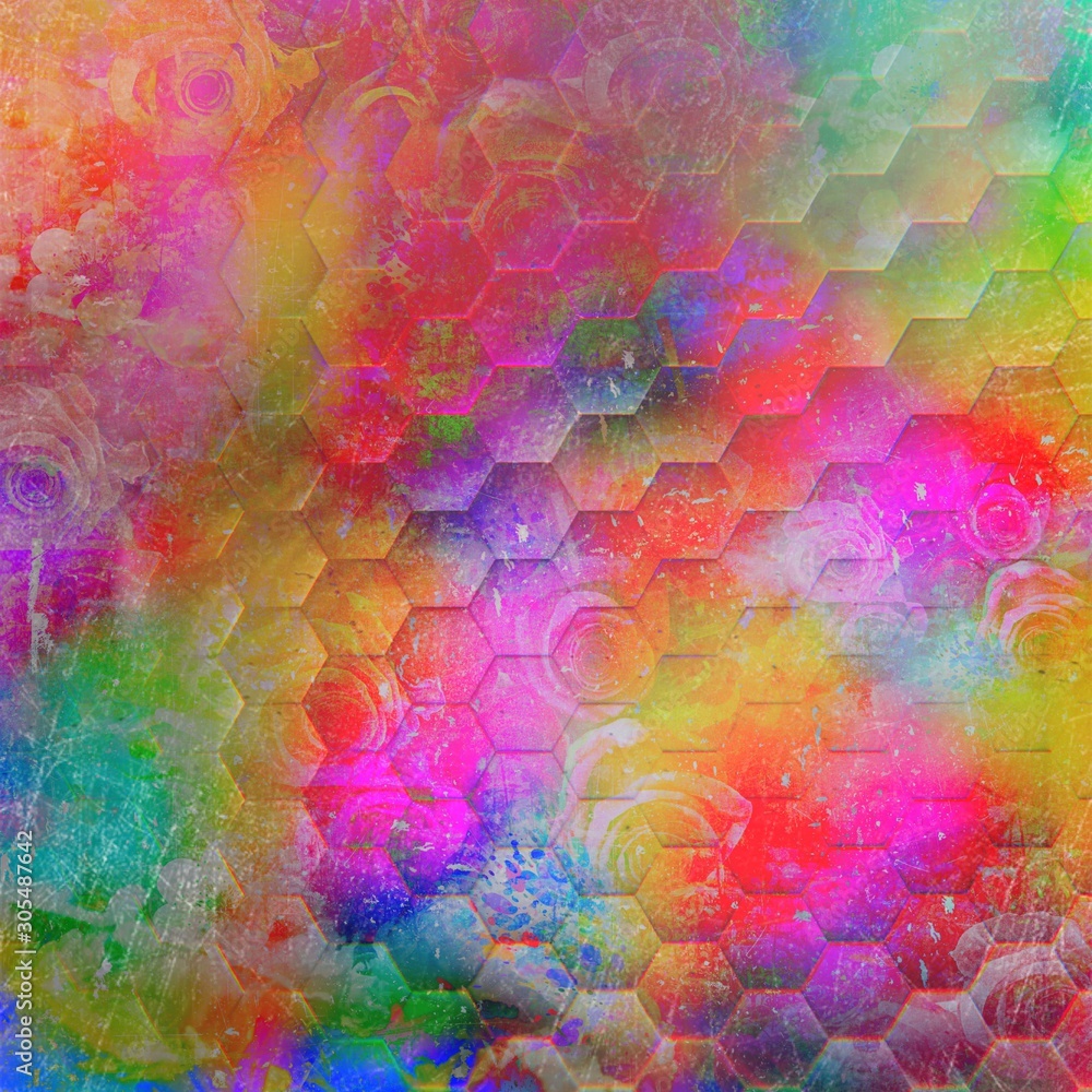 Hexagon pattern background illutration with vibrant colors grunge style.