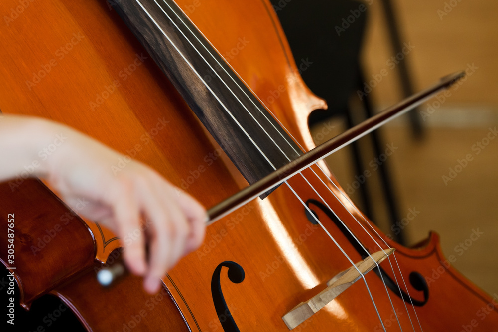 Fiddlestick on the strings of a cello closeup Fiddlestick on the strings of a cello closeup