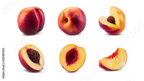 Set of smooth-skinned nectarines with kernels and without them isolated on white background with copy space for text or images. Side view. Close-up.