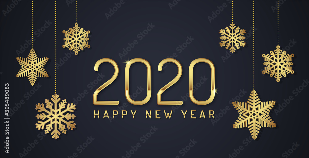 Merry christmas and happy new year 2020 banner template hanging stars golden glitter balls decoration for flyers, poster, web and card vector illustration