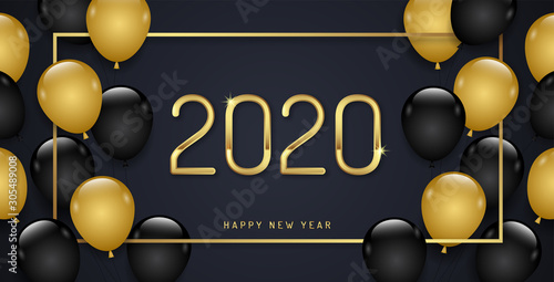 Merry christmas and happy new year 2020 banner template frame and balloons decoration for flyers, poster, web and card vector illustration