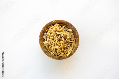 Bild auf Leinwand Natural aromatic incense sandalwood on a censer isolated on a white background