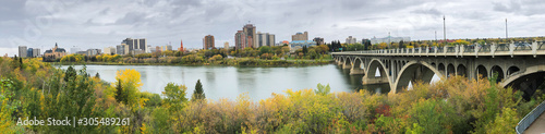 Panorama of Saskatoon, Canada skyline over river