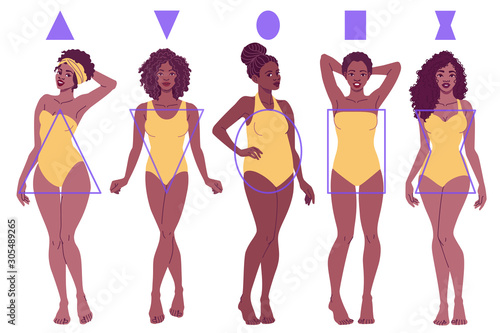 Female Body Shape Types - Pear, Inverted Triangle, Apple, Rectangle, Hourglass. Black African American women, full lenght portrait. Vector fashion illustration isolated on white background.