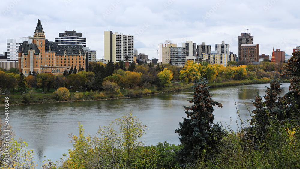 View of Saskatoon, Canada cityscape by river