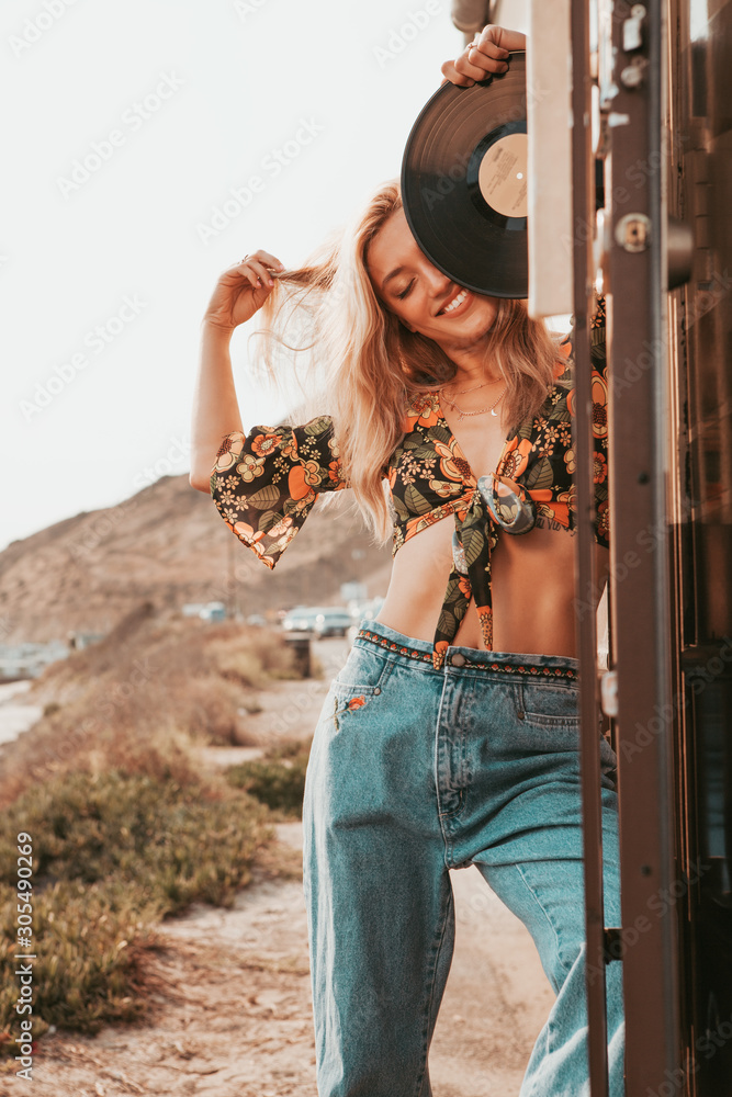 retro campervan with hippie californiagirl. california van lifestyle Stock  Photo