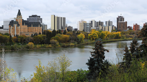 View of Saskatoon, Canada cityscape by river