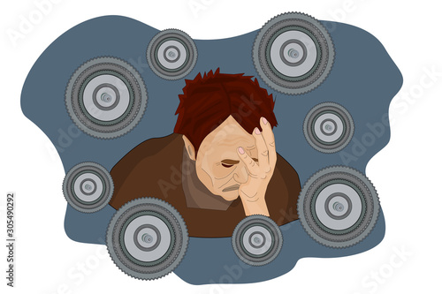 Illustration of a sad adult man in depressive state of mind. Mental disorder, illness, psychological problem. Concept of psychological trauma, stress.Flat stock vector isolated on white background