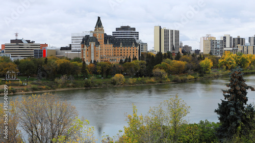 View of Saskatoon, Canada skyline over river