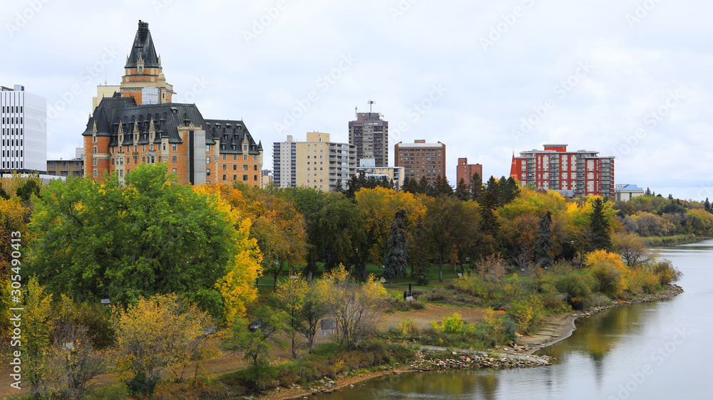 View of Saskatoon, Canada city center by river