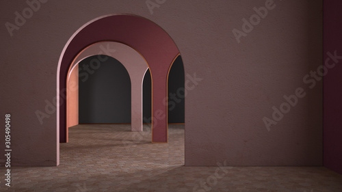 Classic metaphysics surreal interior design, empty space with ceramic floor, archway with stucco colored walls, colorful plaster, unusual architecture, arch project idea, copy space photo