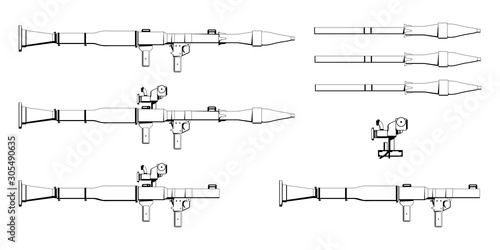 Rocket Propelled Grenade. RPG. Firearms. Colorful image Set. RPG Anti-tank rocket launcher. Sniper scope rifle. Firearms in combat. Assault Gun Wireframe. Machine guns. Vector graphics to design