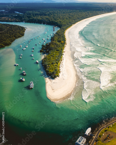 Aerial view of small fishing boats anchored at Jervis Bay, Australia. photo