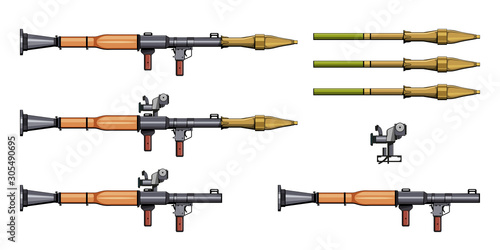 Rocket Propelled Grenade. RPG. Firearms. Colorful image Set. RPG Anti-tank rocket launcher. Sniper scope rifle. Firearms in combat. Assault Gun Wireframe. Machine guns. Vector graphics to design