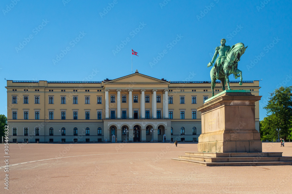 Panorama of the Royal Palace and statues of King Karl Johan, Oslo, Norway