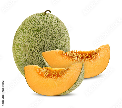 Cantaloupe melon and two slices in a cross-section, isolated on white background with copy space for text or images. Side view. Close-up shot.