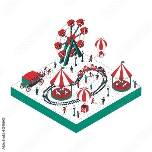 Vector isometric illustration on the theme winter holiday.  People celebrate the winter holidays, to visit attractions, launch balloons, playing snowballs. Winter attractions.  For a poster or banner 