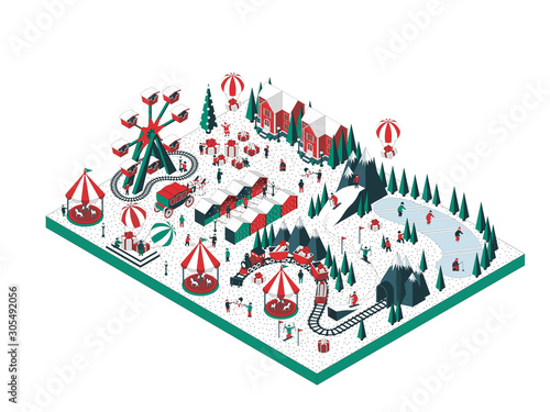 Vector isometric illustration on the theme winter holiday. People go skiing, skating, visiting attractions, visiting local shops, playing snowballs, launching balloons. For a poster or banner and gree