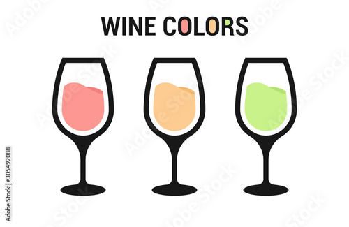 Set of glasses with wine. Red, white and muscat wine. Vector