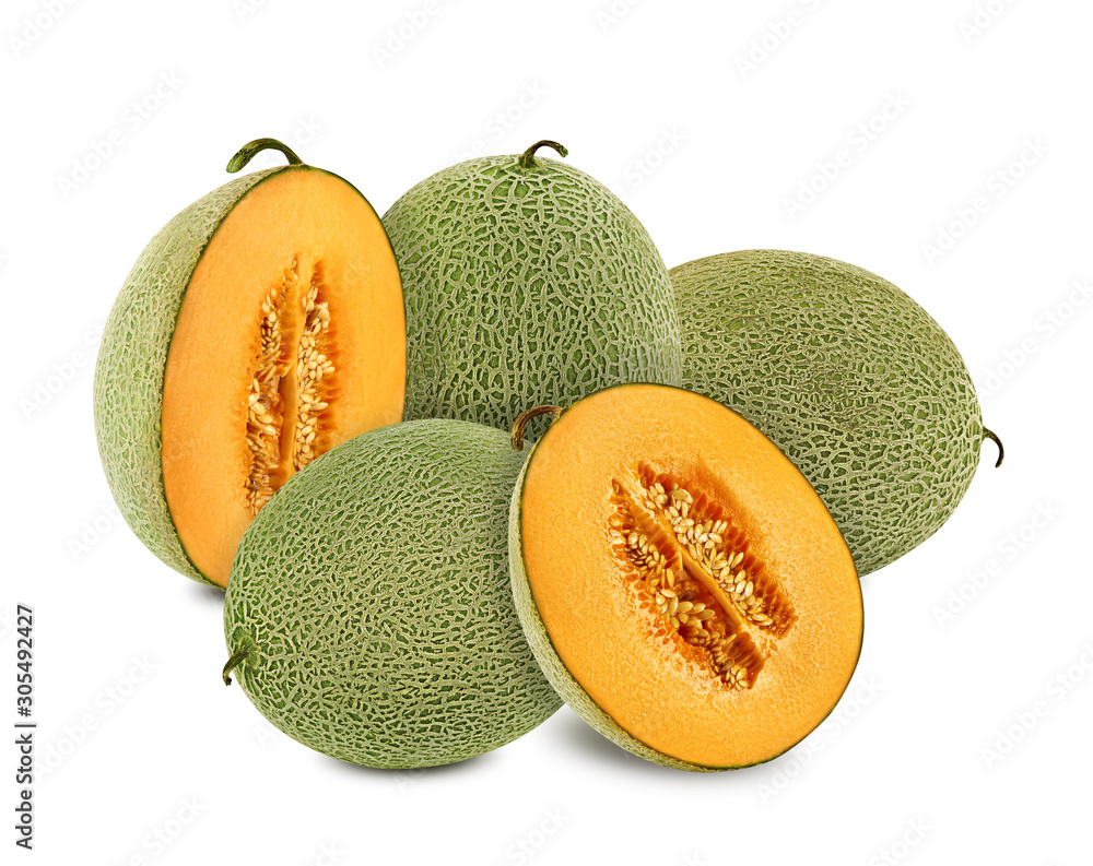 Three cantaloupe melons and two halves in a crosssection, isolated on